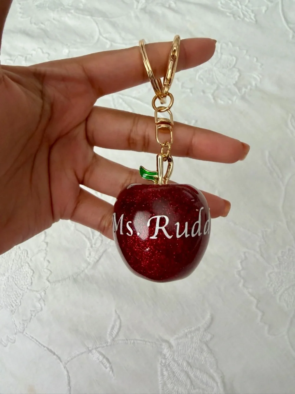 Personalized Custom Handmade Keychains Resin Shiny Apple for Teachers Gifts